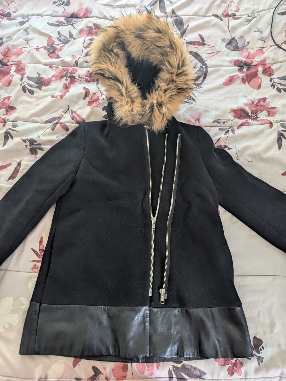 Black Hooded Coat with Fur Trim